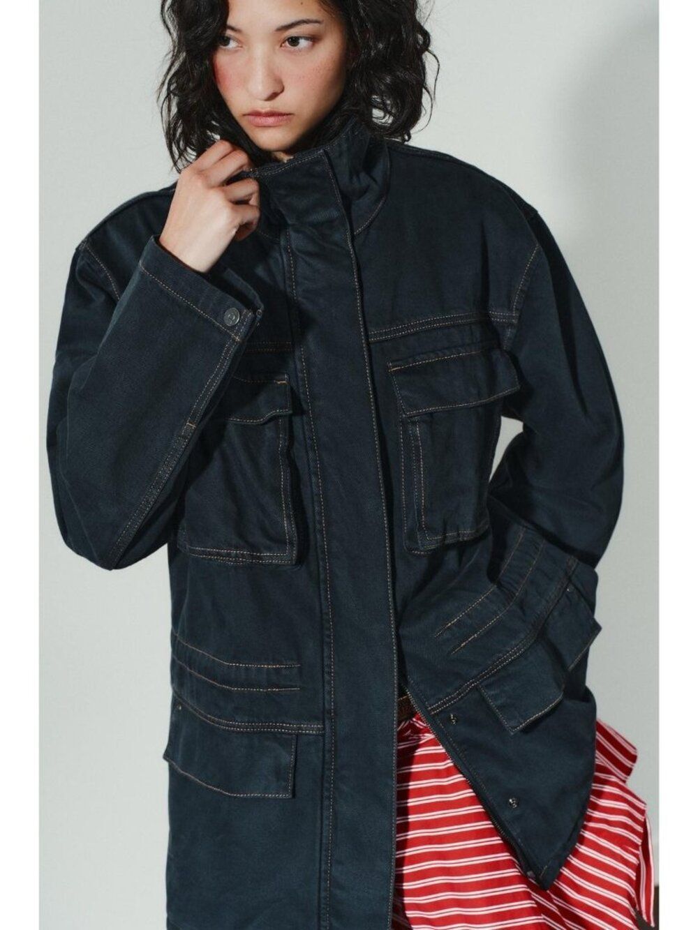 Zara Womens Jacket Pockets & Stitching Large Blue High Collared 8727/270 NWT